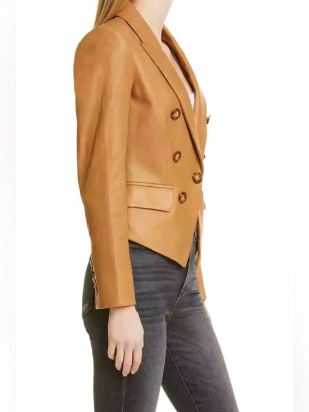 Veronica Beard Brown Cooke Dickey Lambskin Leather Double Breasted Jacket Size 2